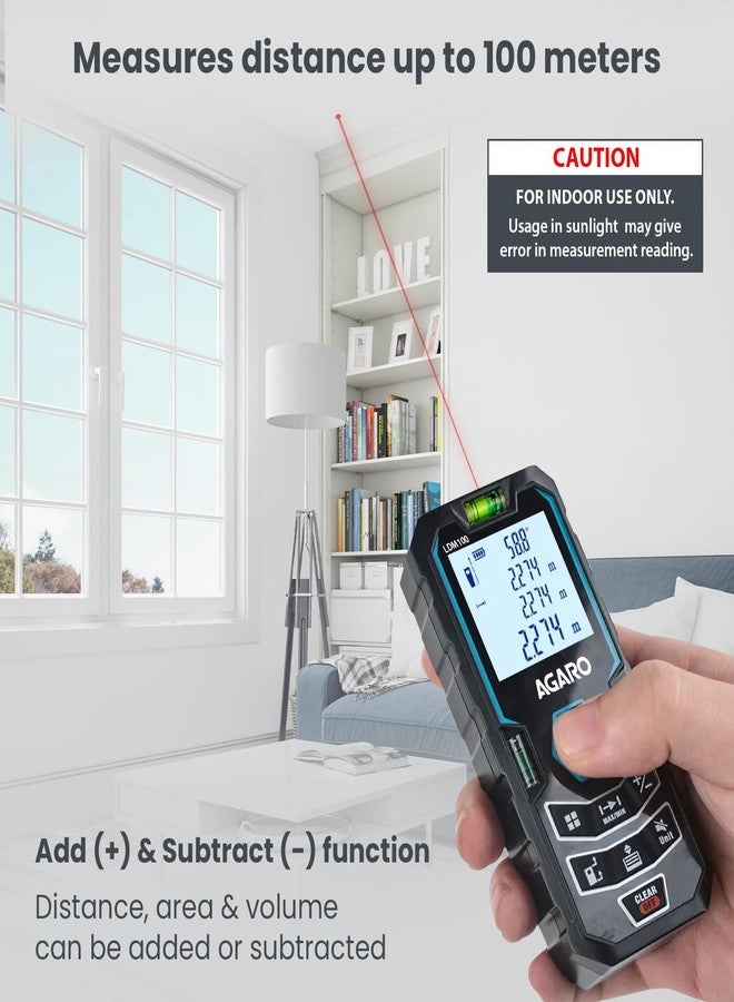 AGARO LDM100 Laser Distance Meter, Up to 100 Meters Range, Continous Measurement, Distance, Volume & Area Measurement, Pythagorean Mode, 30 Memories, 2 Bubble Levels,M/In/Ft Unit, Backlit Display - Image 3